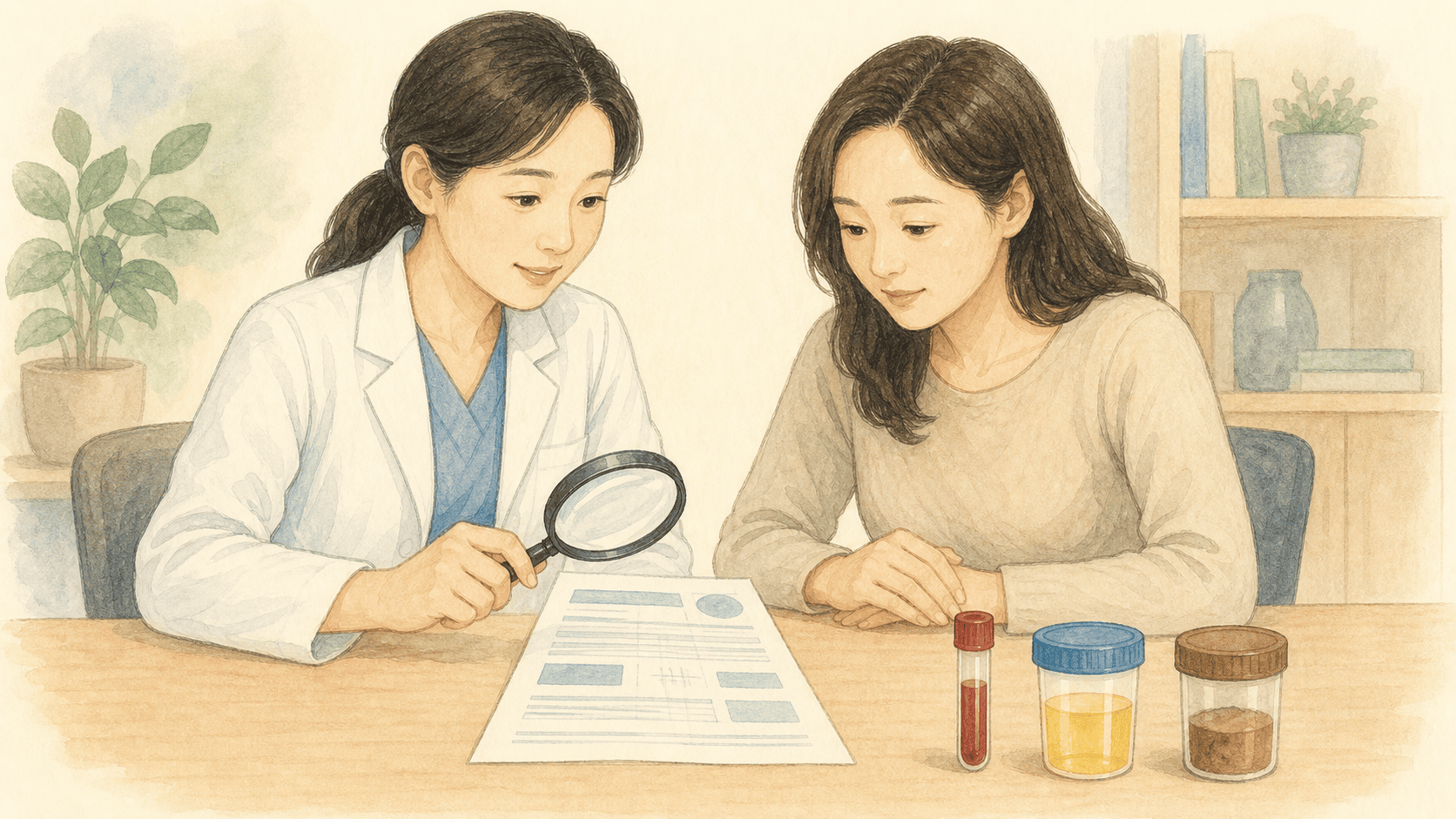 의료진과 환자가 기능의학검사의 목적과 결과를 검토하는 모습