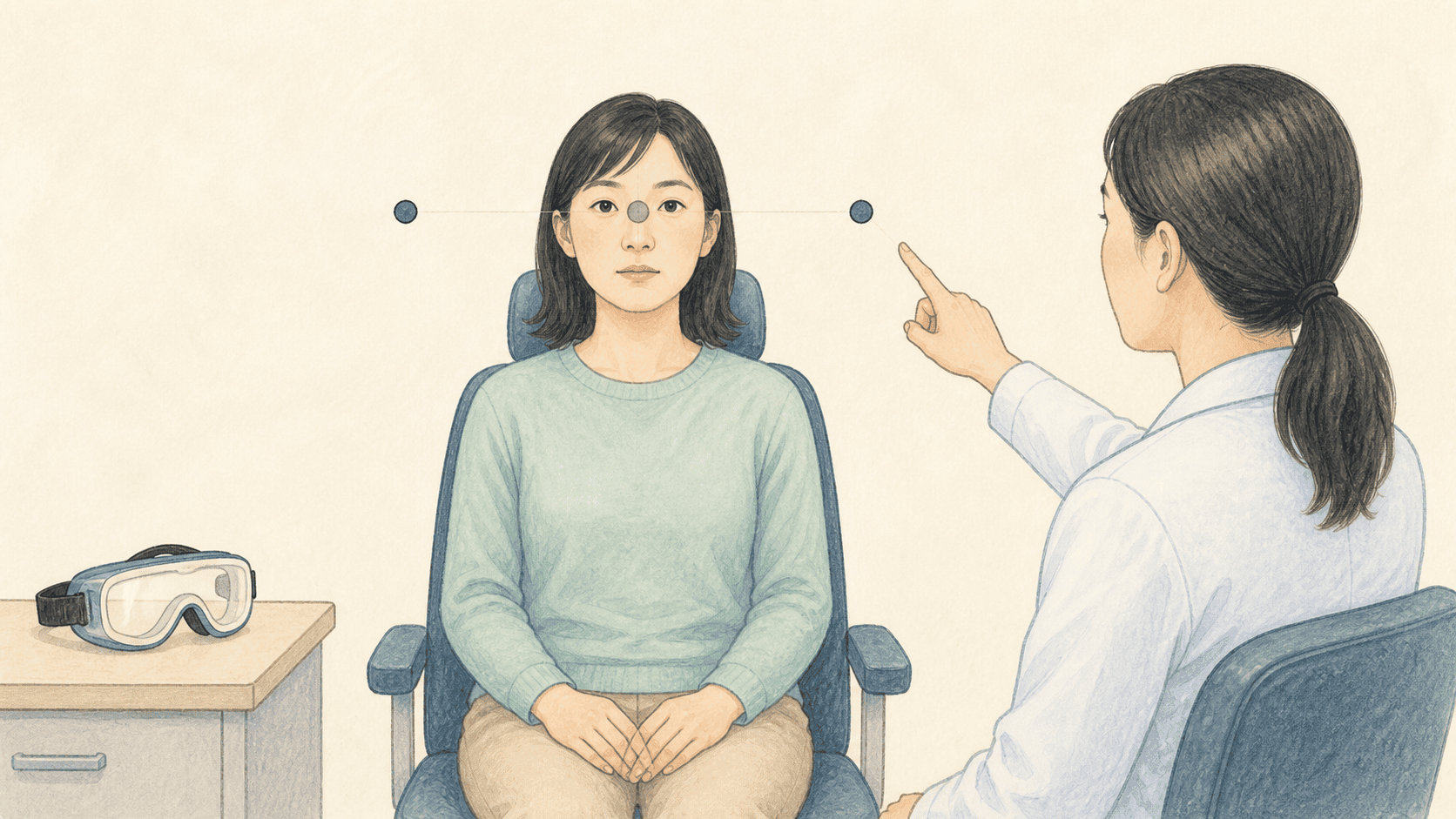 머리를 정면에 두고 중앙과 좌우 표적을 보면서 눈 움직임을 확인하는 검사 장면