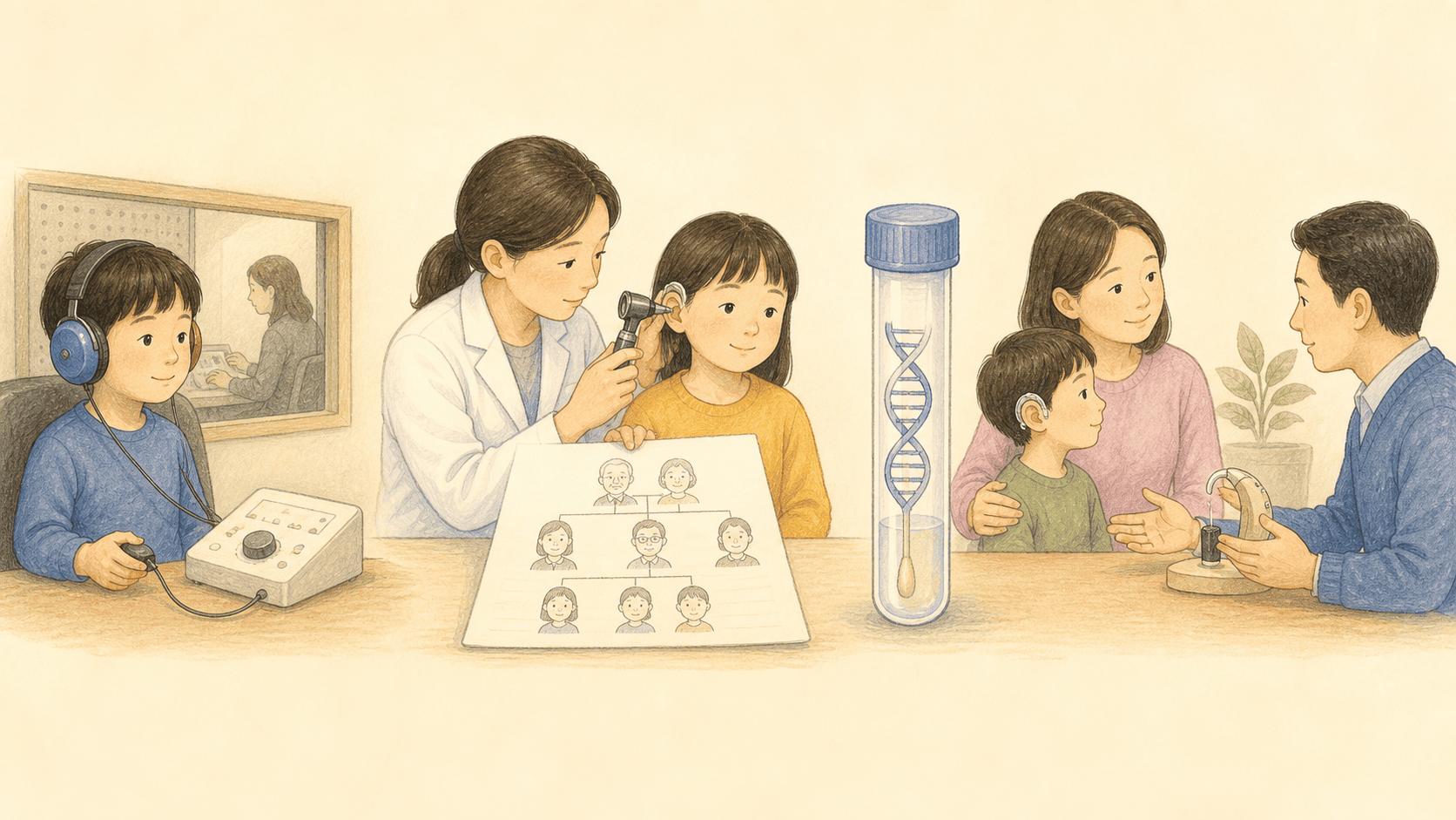 청력검사와 가족력 확인, 유전자검사, 청각재활 상담 순서를 보여 주는 의료 일러스트