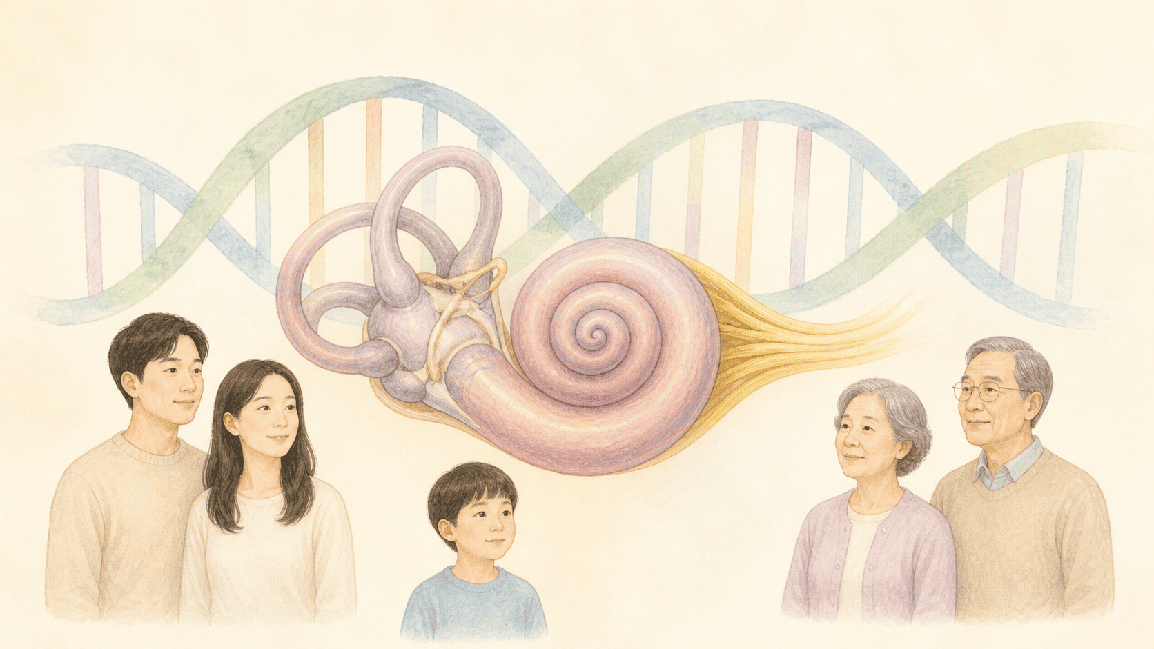 달팽이관과 청각신경 뒤에 DNA와 여러 세대 가족을 배치한 유전성 난청 의료 일러스트