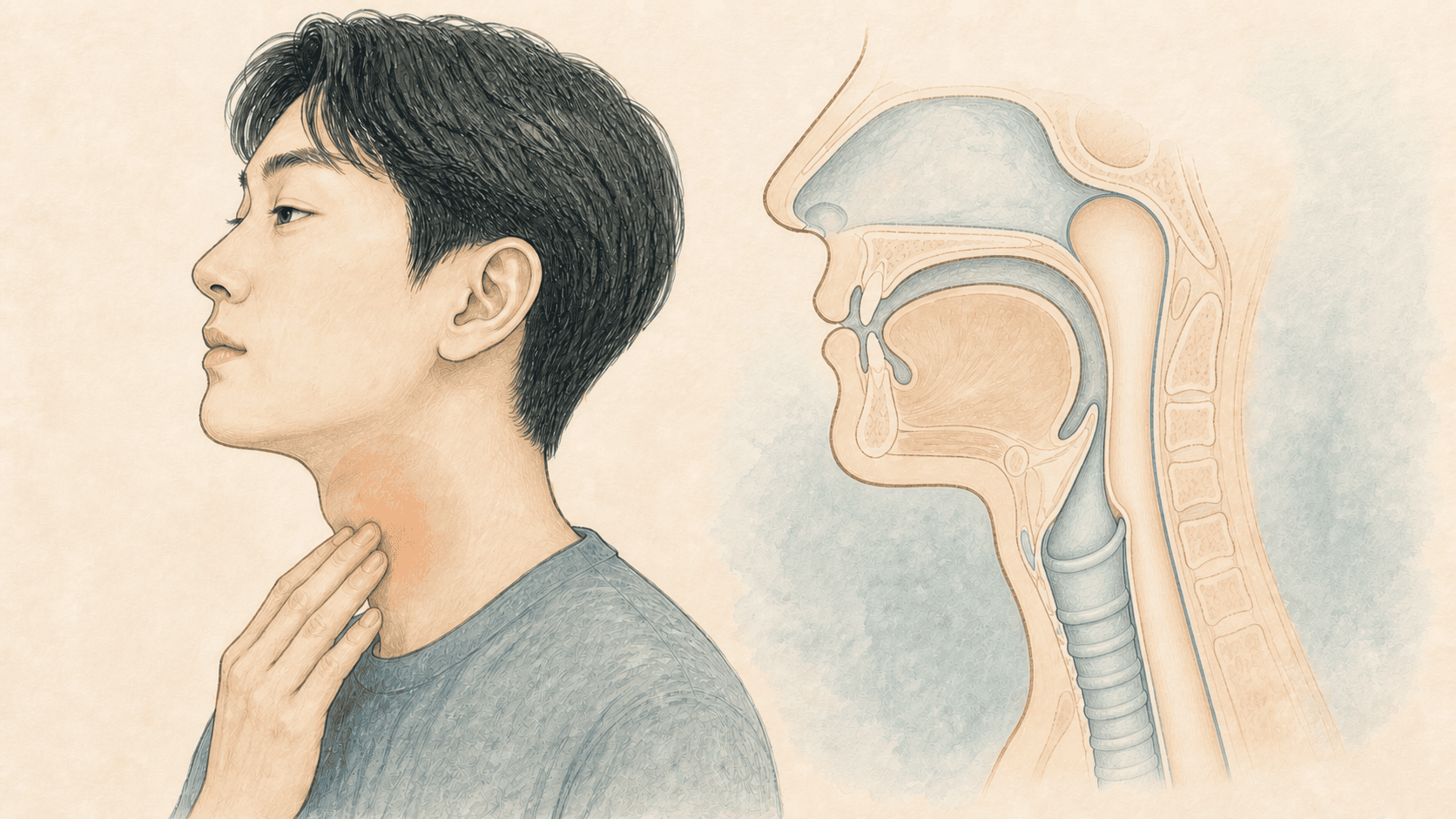 목 안의 음식길은 열려 있지만 목 앞에 이물감을 느끼는 그림