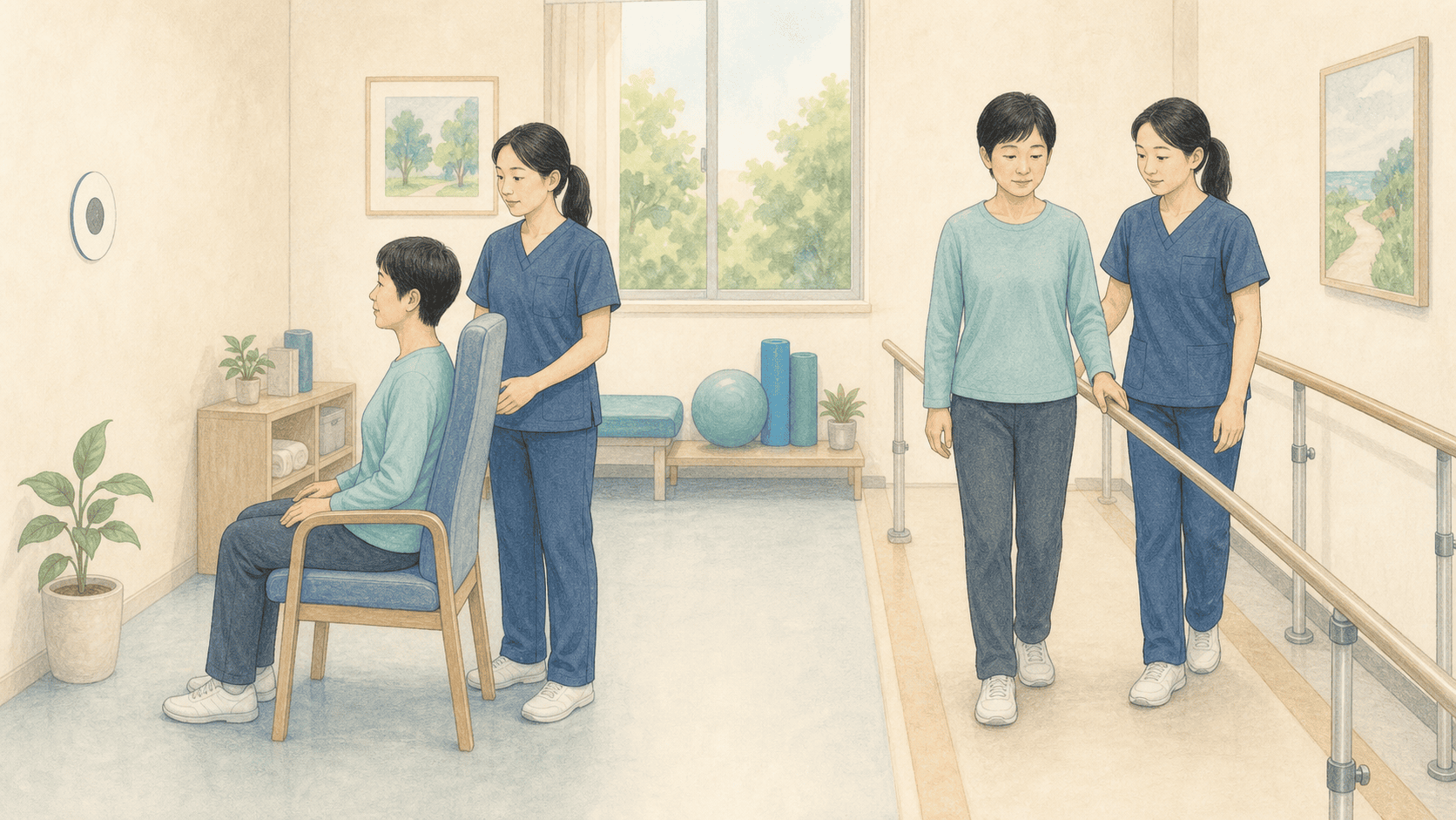 의료진이 고정점을 보며 머리를 움직이는 연습과 안전한 보행 연습을 단계적으로 지도하는 장면