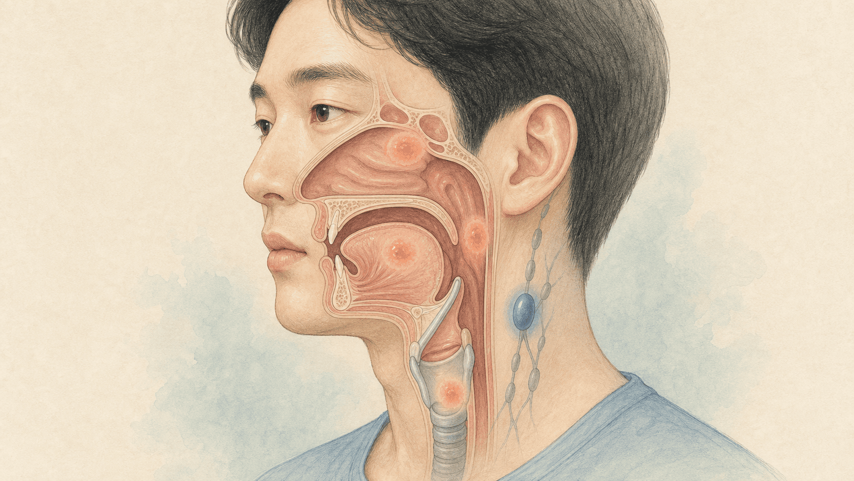 코와 입, 인두, 후두의 암 발생 부위와 목 림프절을 보여 주는 그림