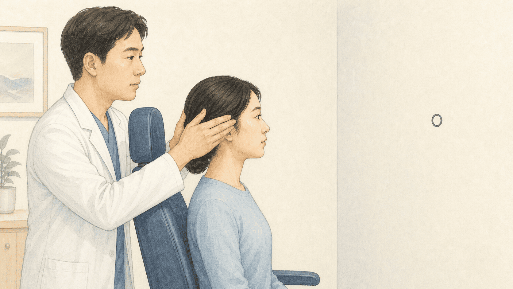 의료진이 환자의 머리를 안전하게 잡고 작은 두부충동검사를 하며 환자가 고정점을 보는 장면