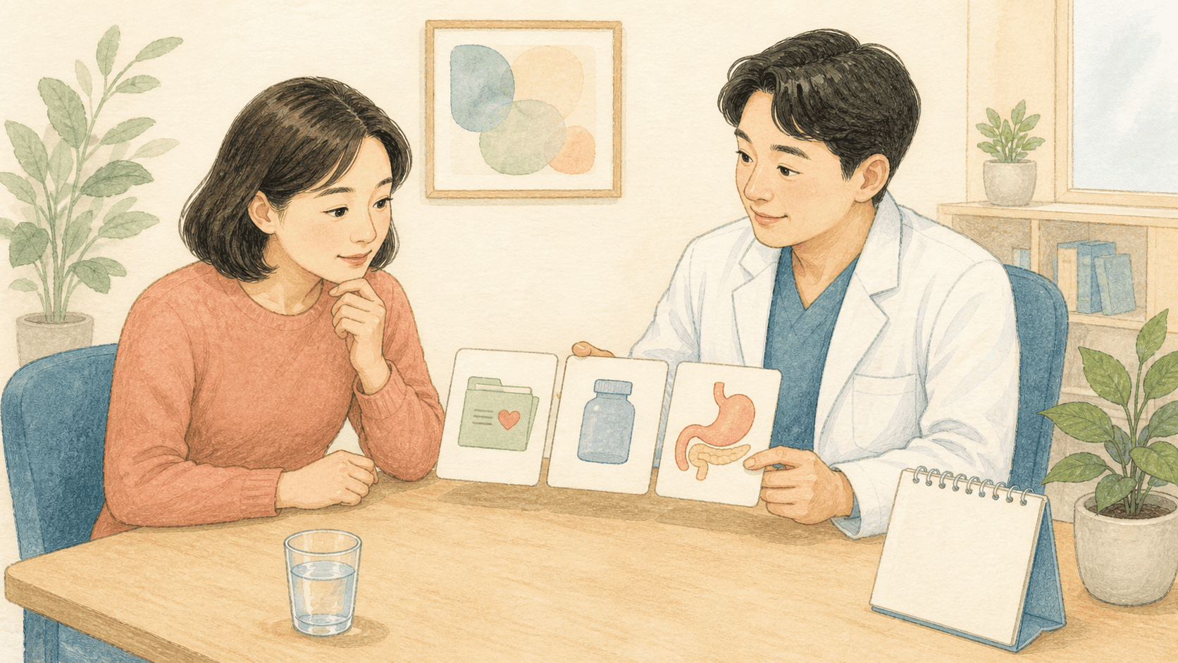 병력과 복용약을 함께 살피는 GLP-1 약물 상담 그림