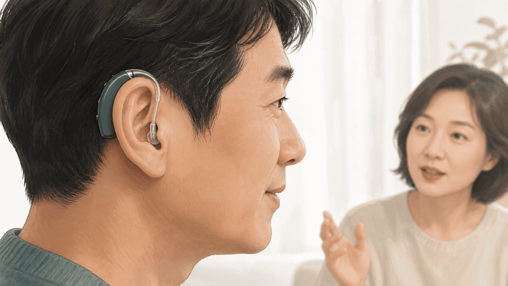 일상 대화 중 귀 뒤 보청기를 착용한 성인의 모습을 그린 의료 일러스트