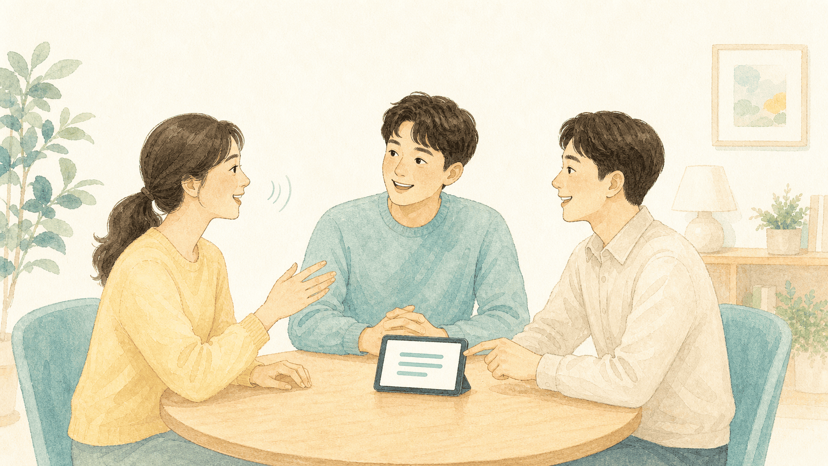 자막 화면을 함께 보며 대화하는 세 사람 그림