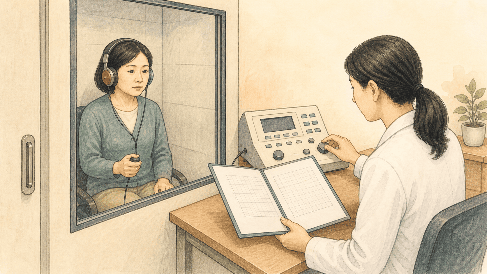 청력검사 결과와 청각장애진단 서류를 확인하는 의료진