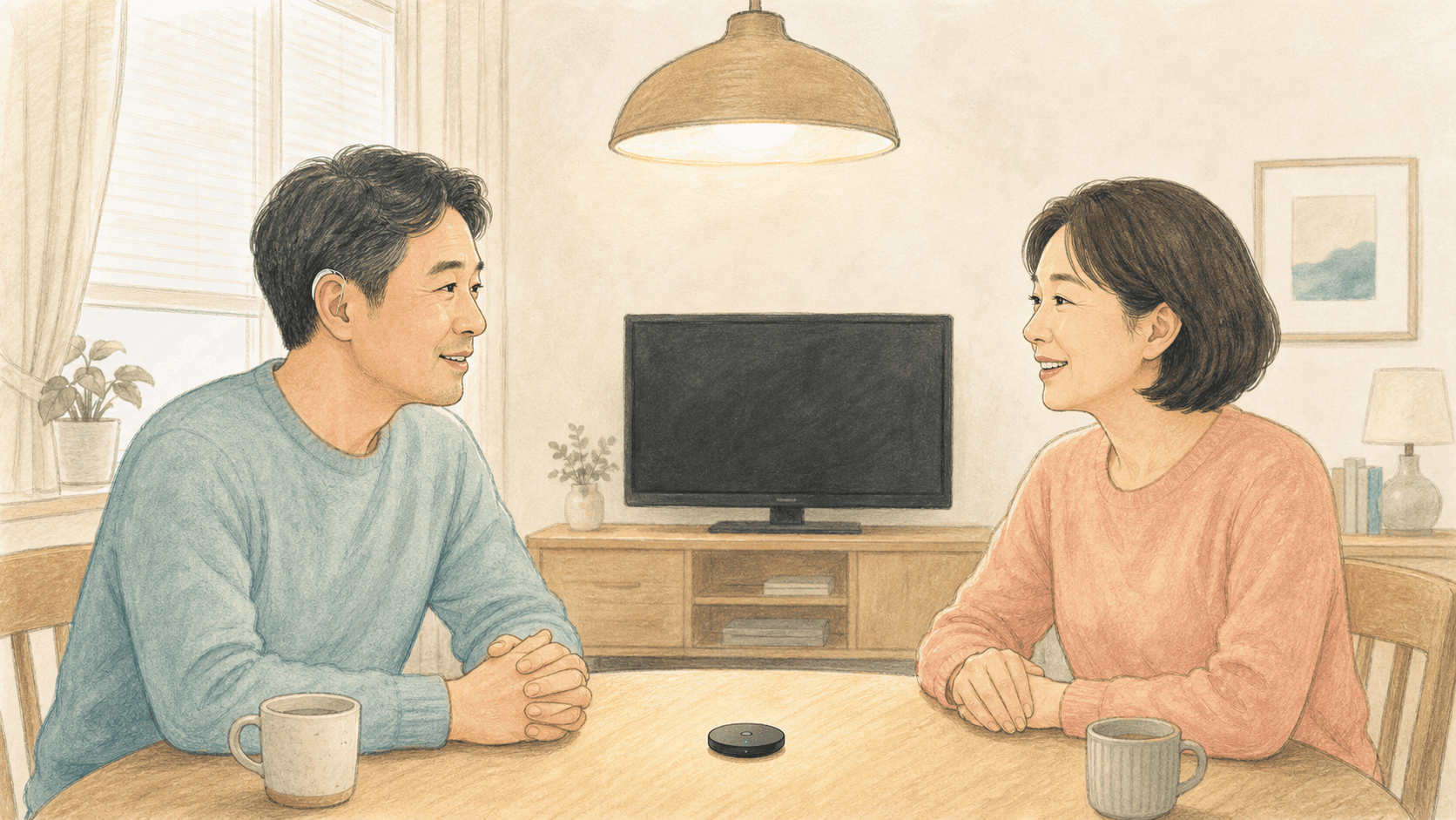 밝고 조용한 식탁에서 보청기를 착용한 성인과 가족이 얼굴을 보며 대화하는 청각재활 2D 일러스트