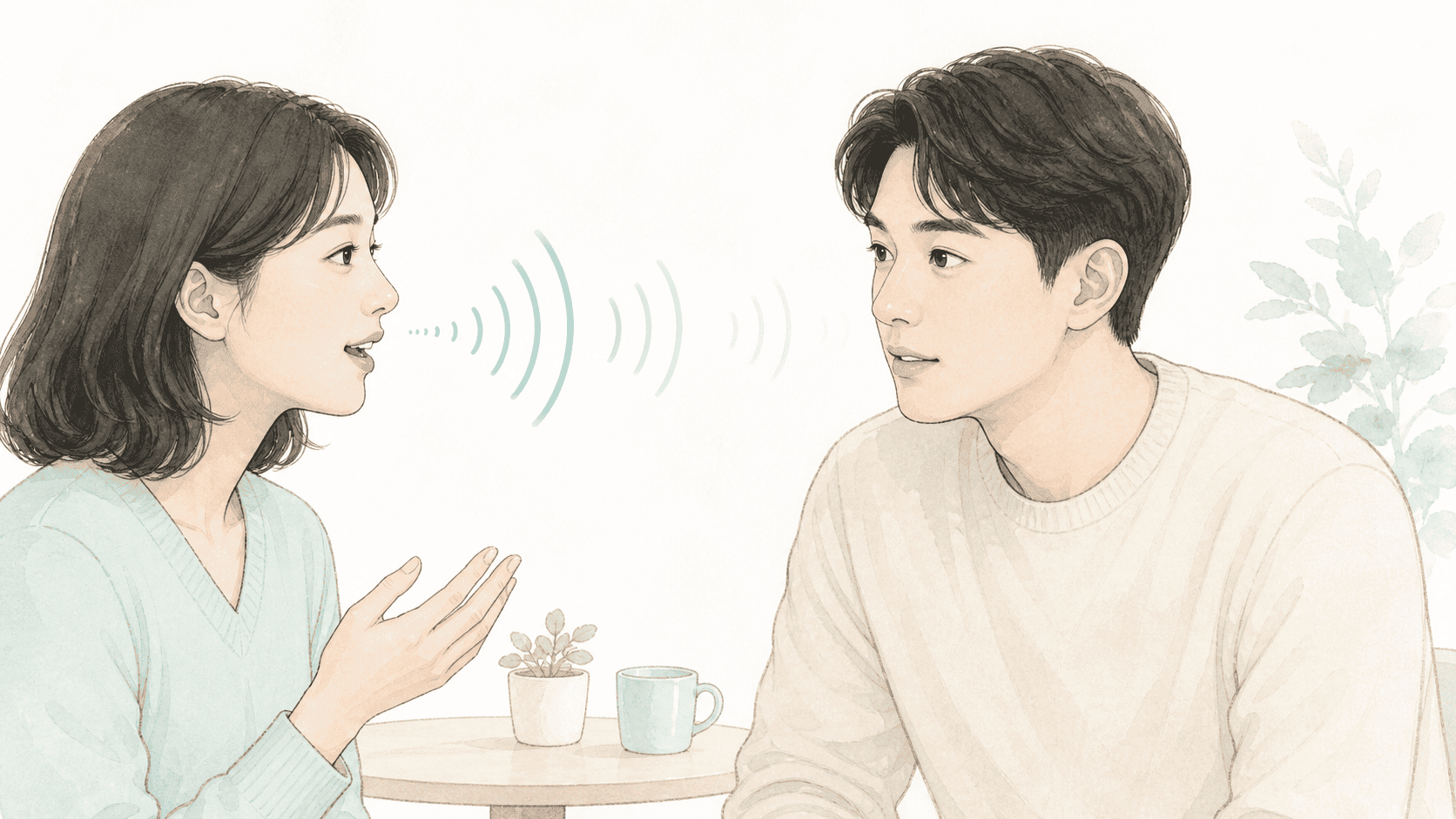 마주 보고 대화하는 두 사람 사이에서 목소리 파동이 흐려지는 난청 의료 일러스트