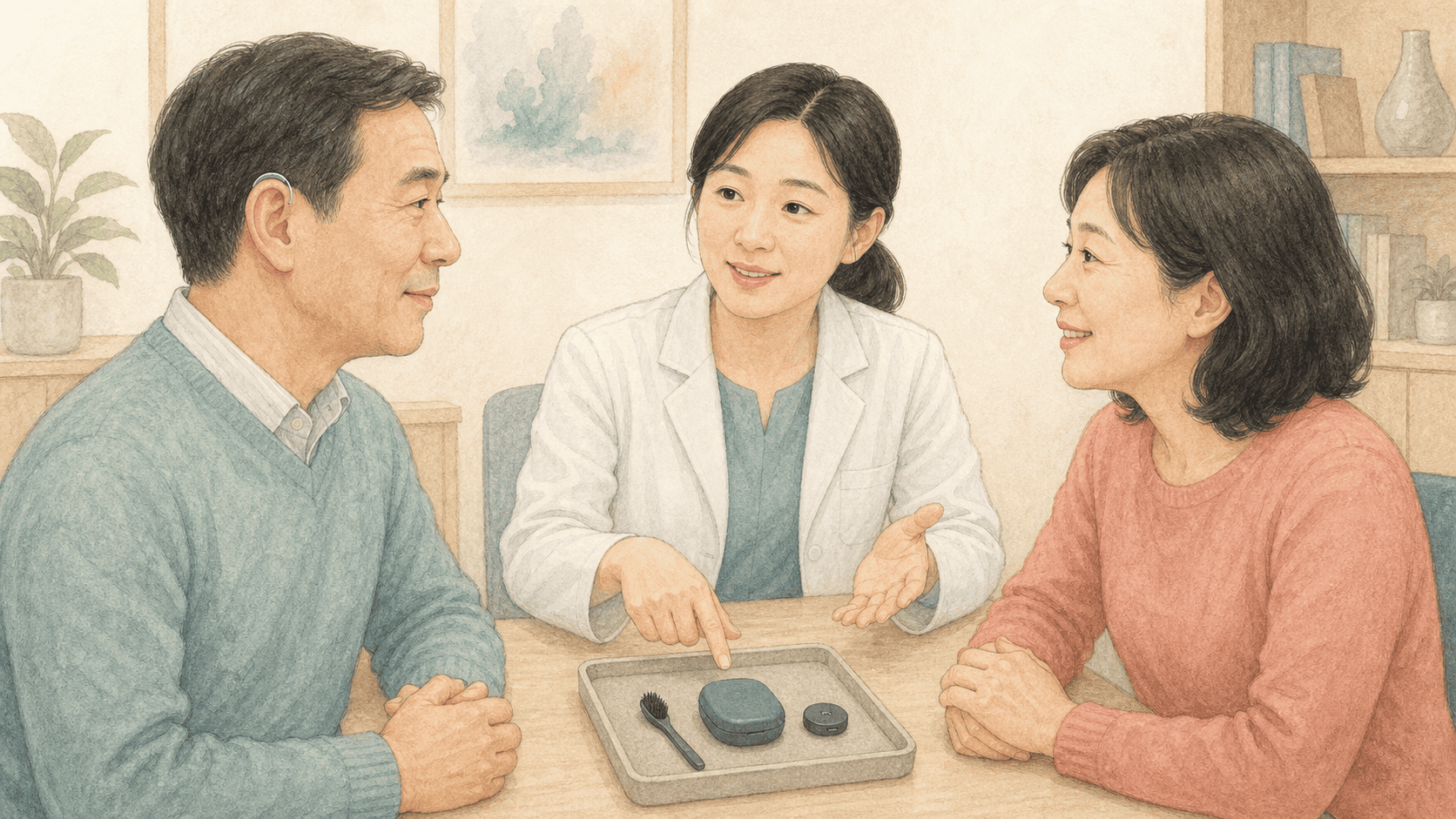 성인과 가족이 대화 방법을 배우는 청각재활 그림