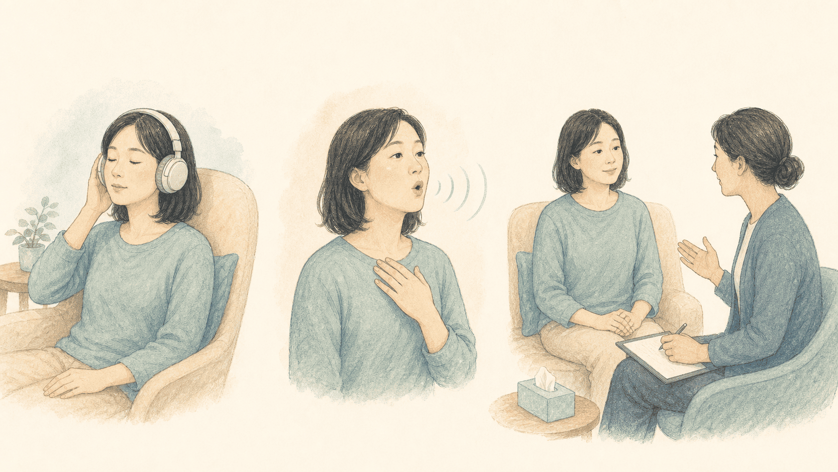 음악 듣기와 목소리 훈련, 상담을 서로 다른 구성으로 보여 주는 그림