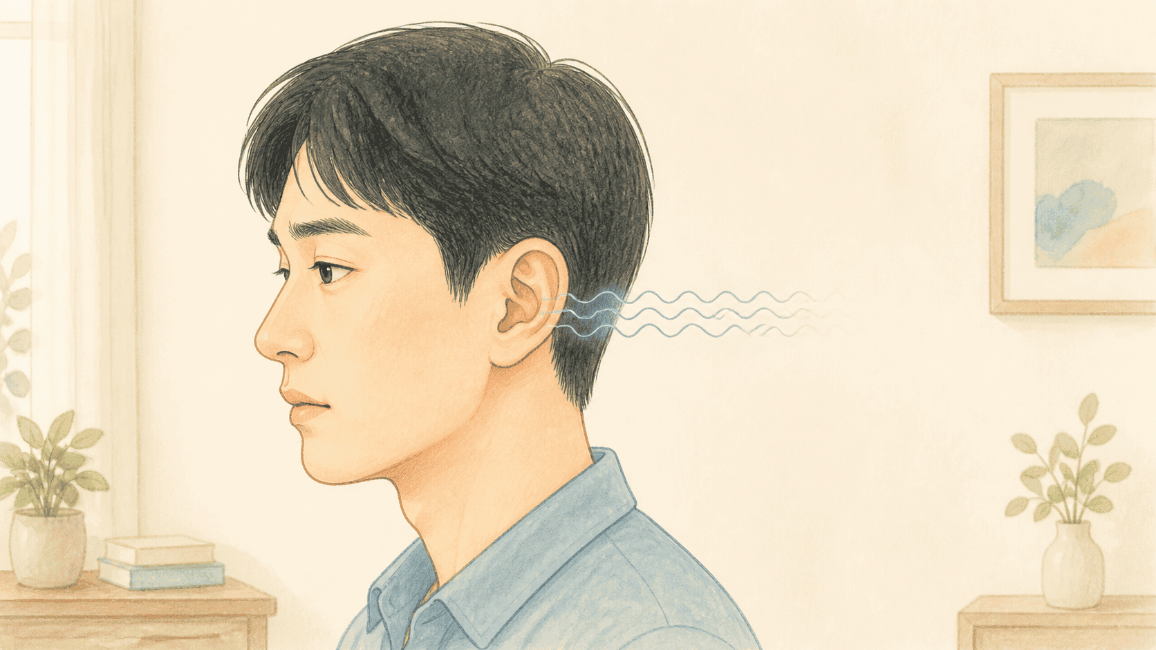 한쪽 귀 주변의 높고 촘촘한 파동으로 나타낸 고음 이명
