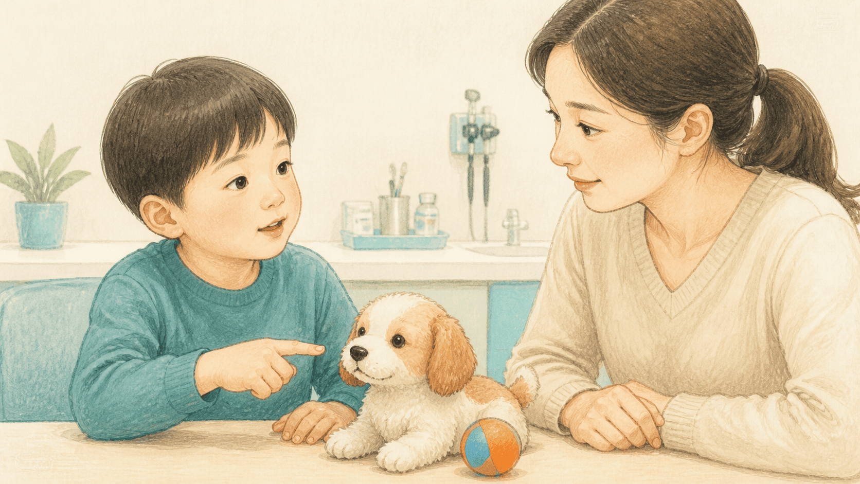 아이가 떠올린 강아지와 공의 장면을 낱말과 문장으로 구성해 말하는 그림