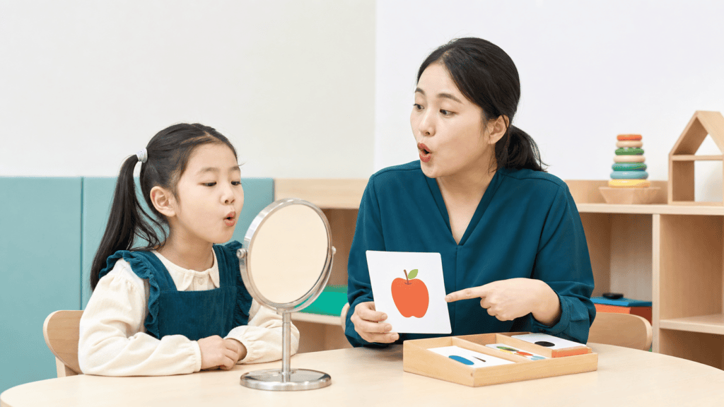 소리를 듣고 발음을 고쳐 말한 뒤 일상 대화로 이어가는 조음치료 과정