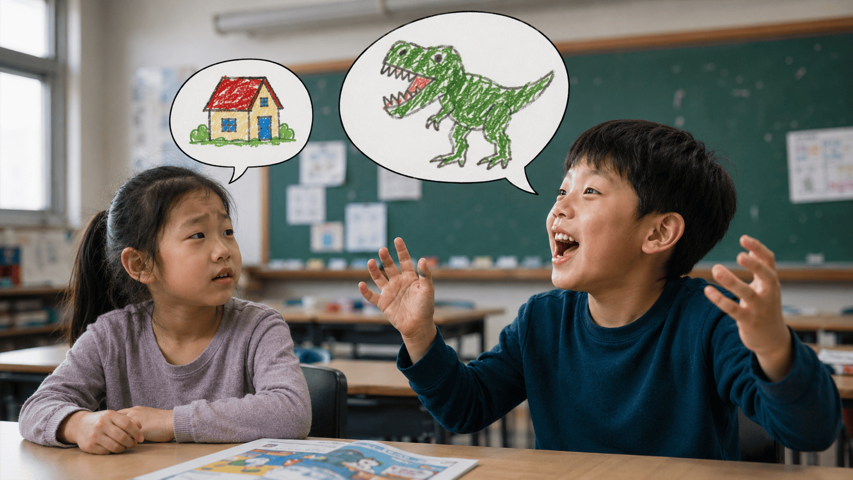 교실에서 남자아이가 공룡 이야기를 하고 여자아이는 집을 떠올리며 다른 생각에 잠겨 있다.