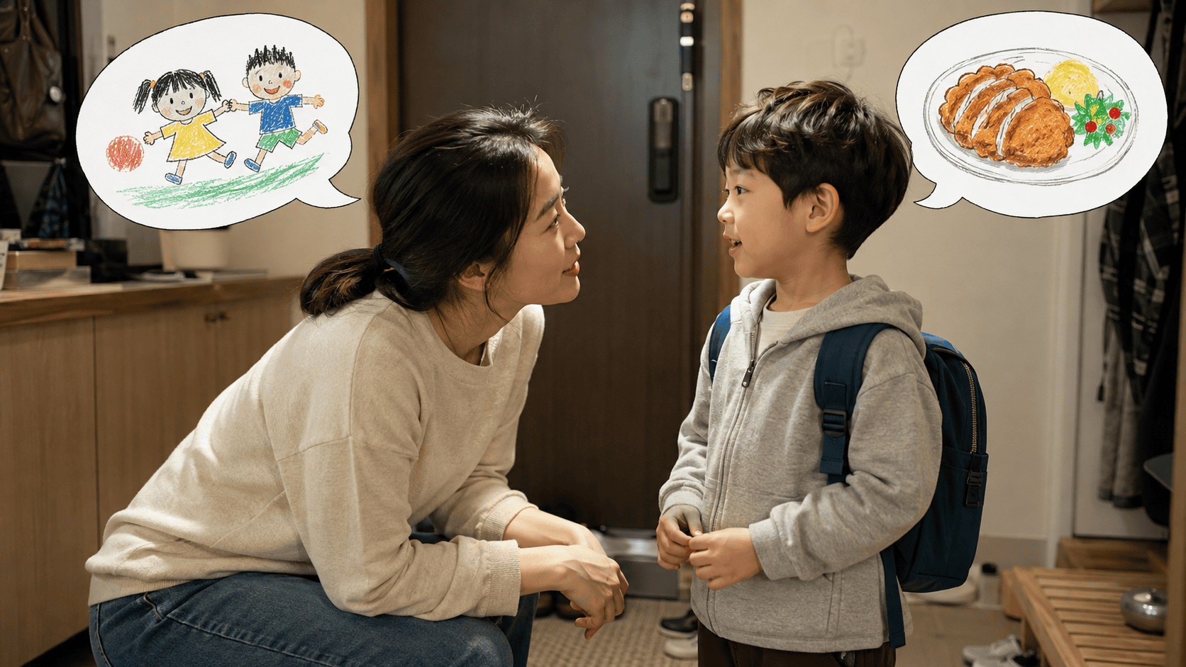 엄마는 아이들이 노는 상상을, 아이는 돈가스를 상상하며 대화하는 엄마와 아이.