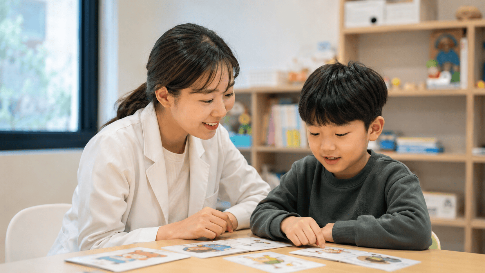 여성 치료사와 남자아이가 테이블에 앉아 학습 카드를 보며 대화한다.