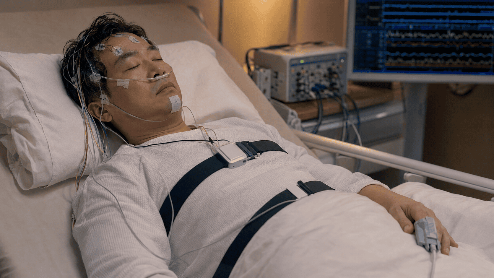 침대에 누워 수면다원검사 장비를 부착하고 잠든 남성 환자.