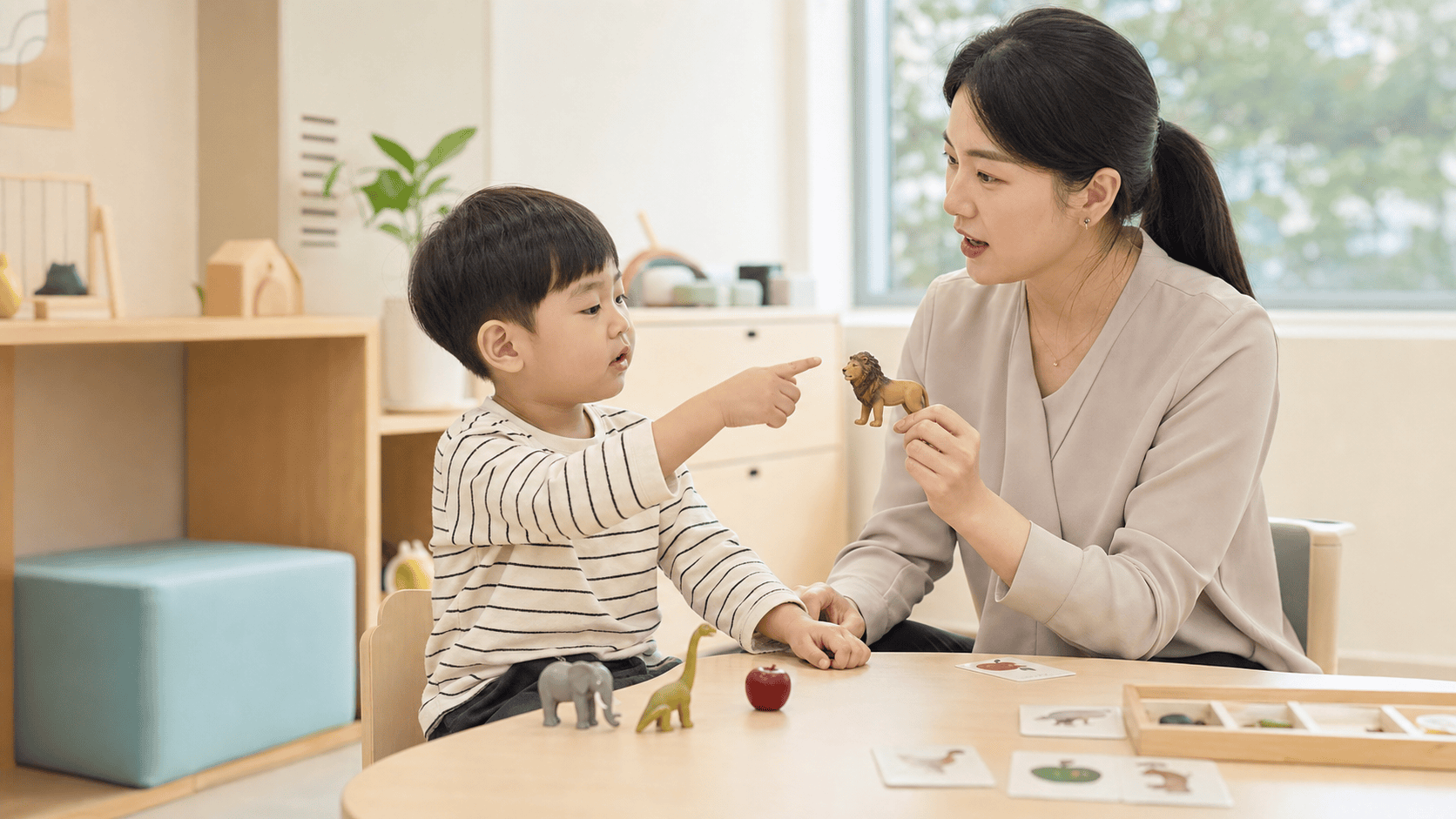 여성이 남자아이에게 장난감 사자를 보여주고 아이가 그것을 가리키며 언어 학습 중이다.