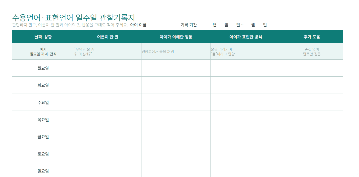 수용언어 표현언어 발달 관찰을 위한 일주일 기록지 양식