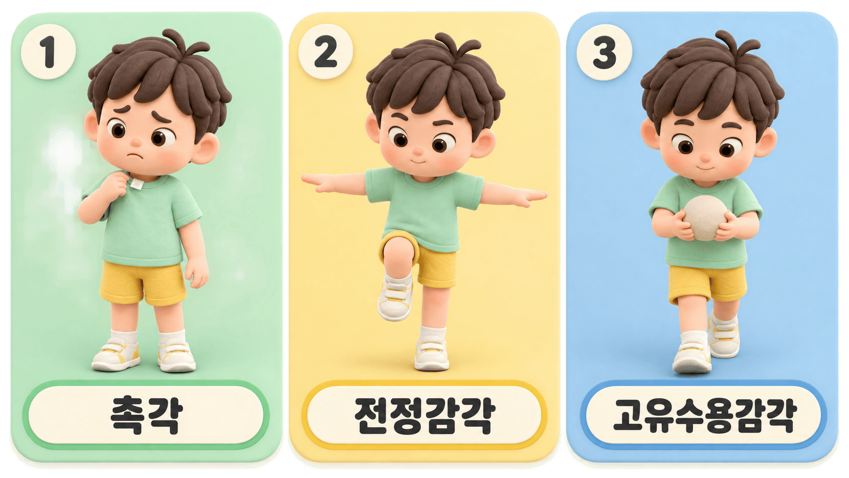 소년들이 촉각에 불편해하고, 전정감각으로 균형 잡으며, 고유수용감각으로 공을 잡는다.