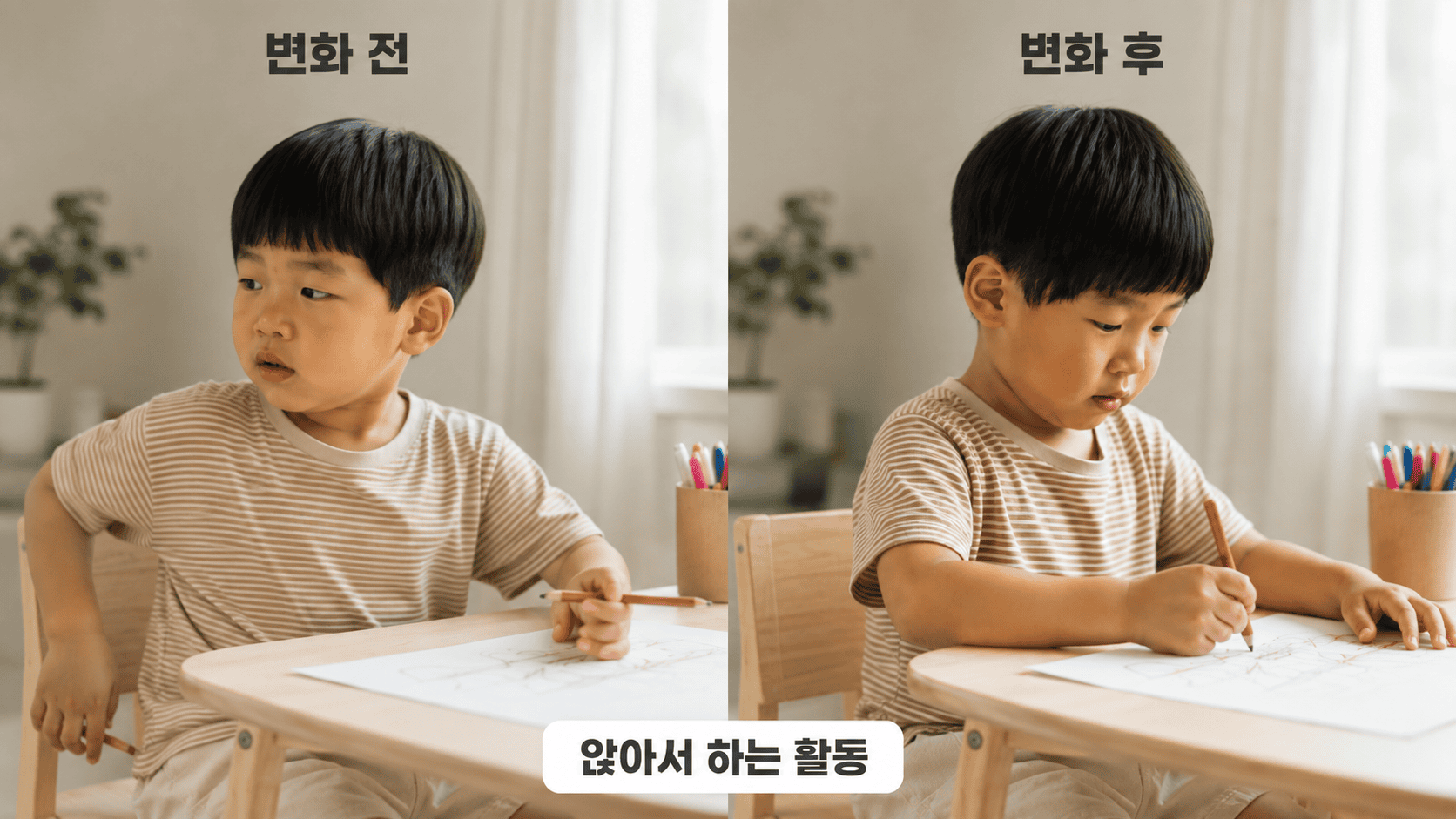 앉아서 주변을 보던 아이가 그림 그리기에 집중하는 전후 상태.
