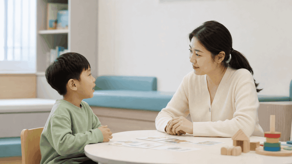 언어치료사가 만 5세 아이의 말을 기다리며 대화를 나누는 모습