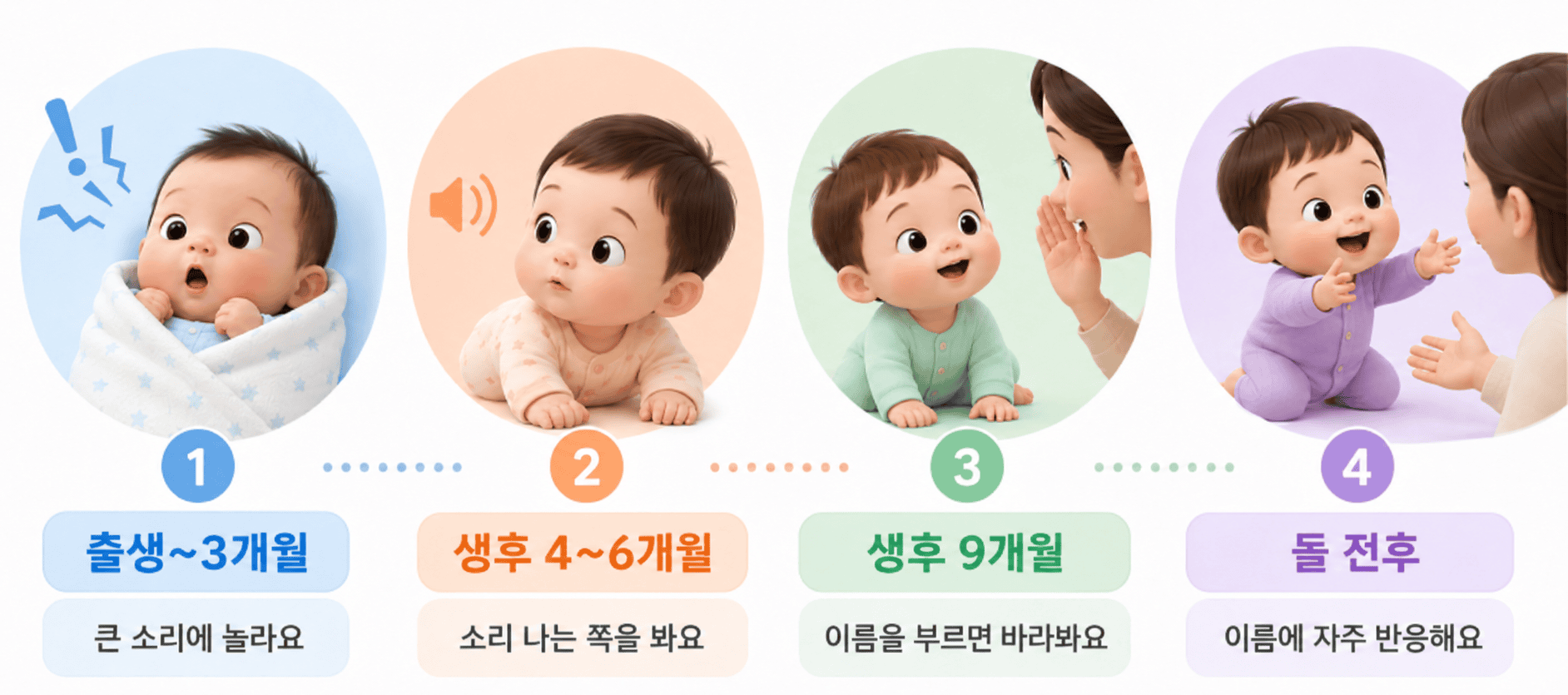 아기가 출생 후 소리에 놀라고, 소리 나는 곳을 보며 이름에 반응하는 발달 단계.