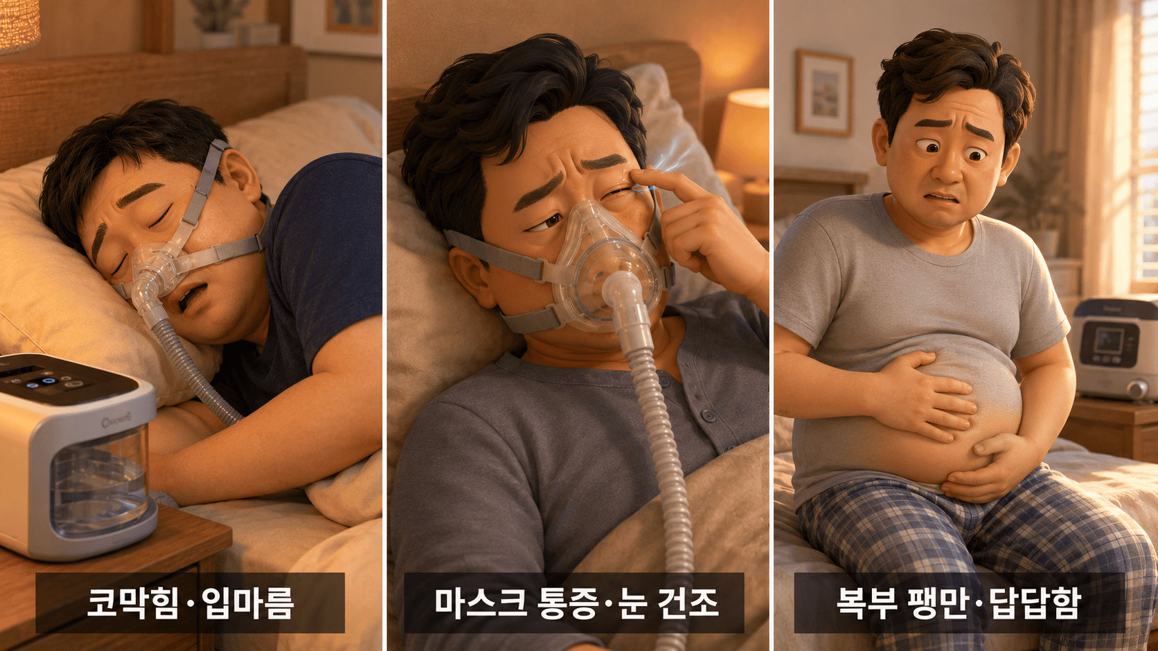양압기 착용 남성이 코막힘, 입마름, 마스크 통증, 눈 건조, 복부 팽만을 겪는다.