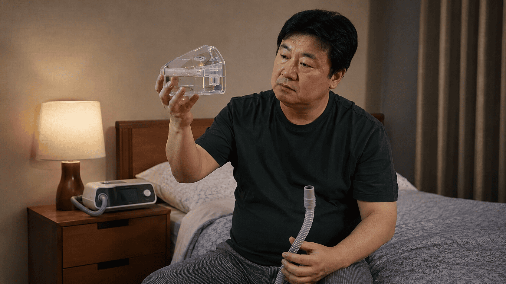 침대에서 양압기 가습통을 들고 호스를 살피는 남성