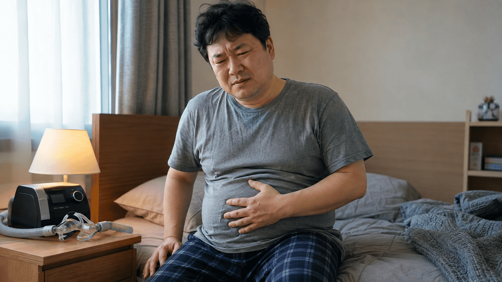 침대에서 괴로운 표정으로 배를 잡고 있는 남성과 협탁 위 양압기.
