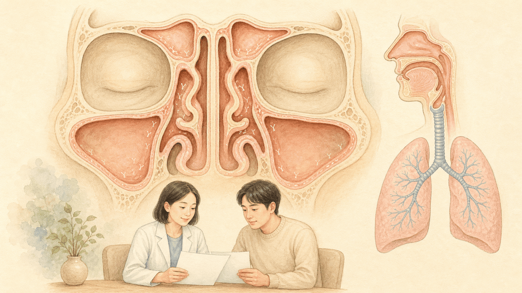코와 부비동의 면역 방어를 살피는 그림