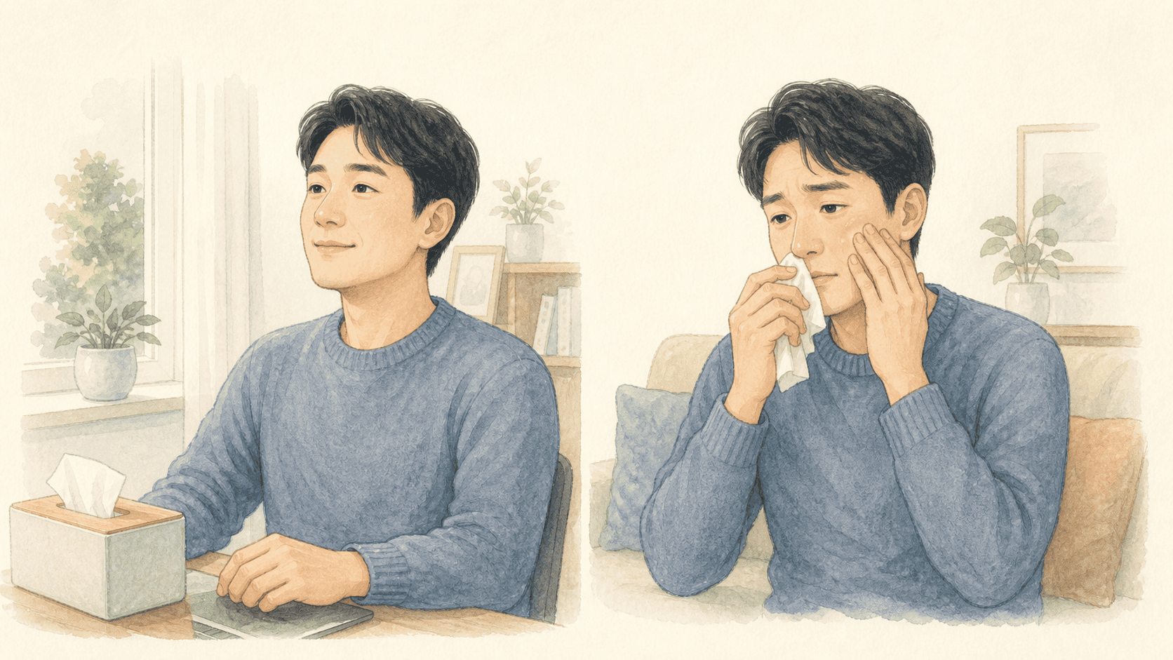 감기 뒤 좋아지는 모습과 잠시 좋아졌다가 얼굴 통증과 콧물이 다시 심해진 모습을 나란히 보여 주는 그림