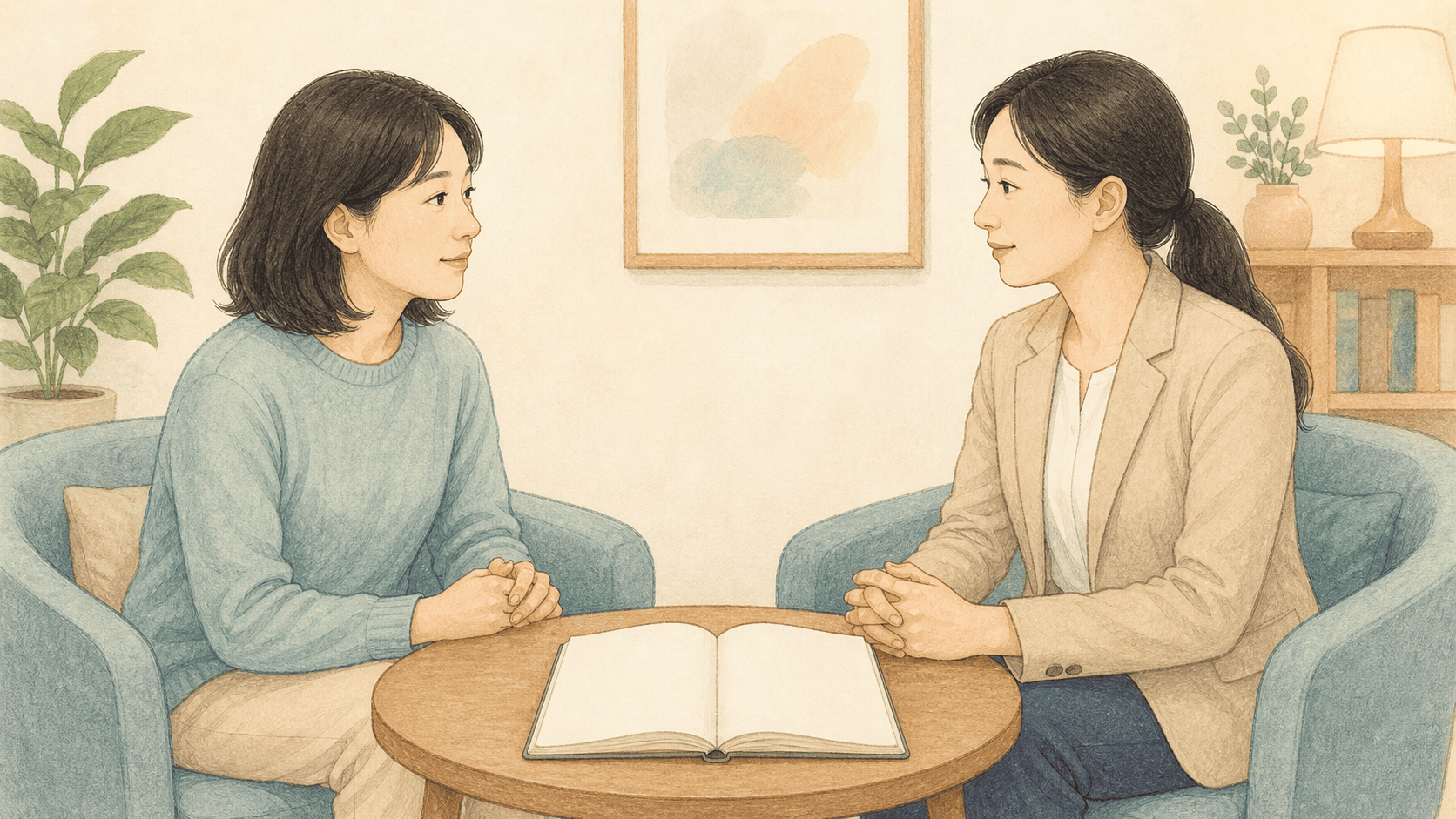 수면일지를 두고 상담하는 성인과 치료 제공자