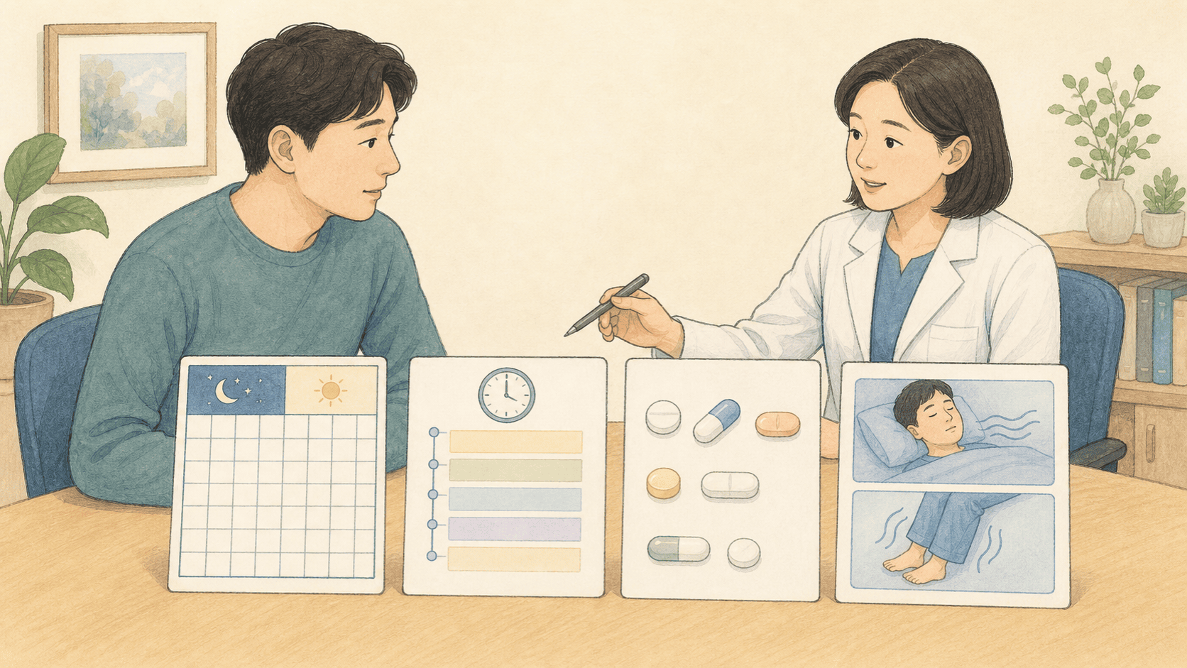 의료진과 환자가 수면일지와 생활시간 및 동반 수면질환 단서를 함께 확인하는 장면