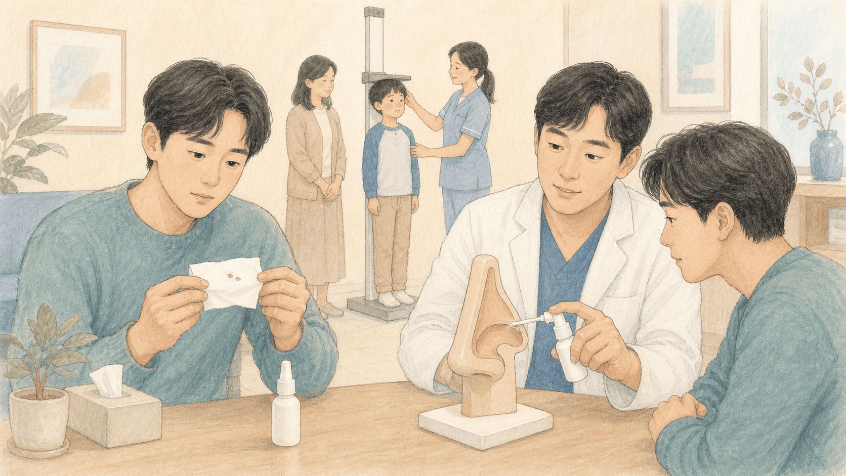 코피와 코 자극이 생겨 의료진과 분사법을 점검하는 모습