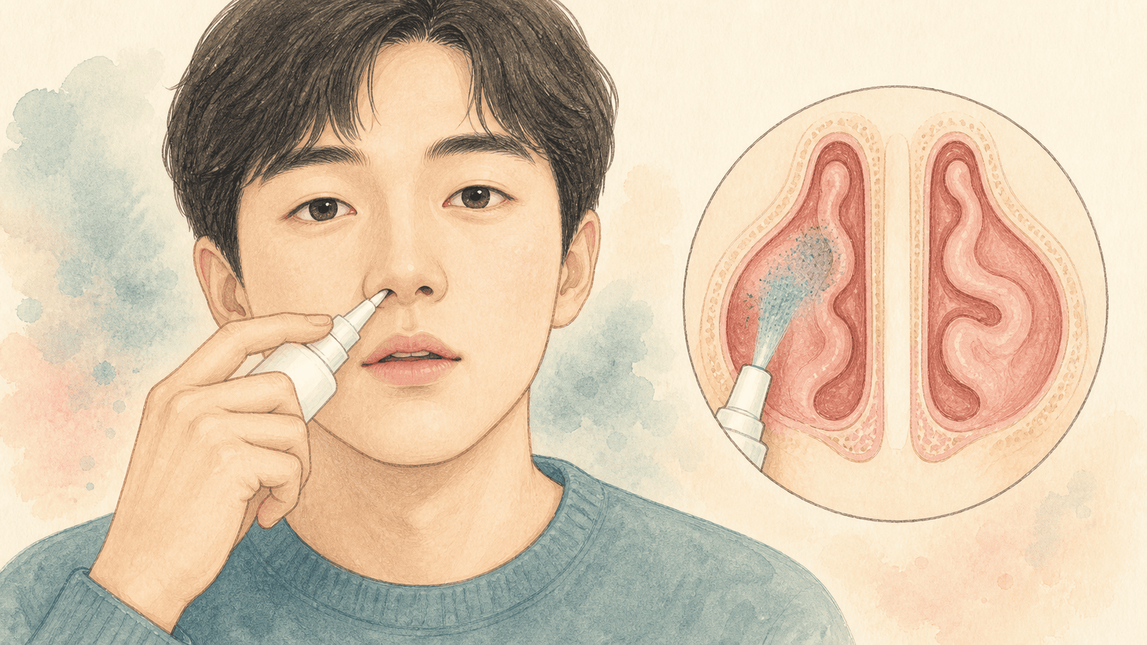 코중격을 피해 비강 스프레이를 뿌리는 모습