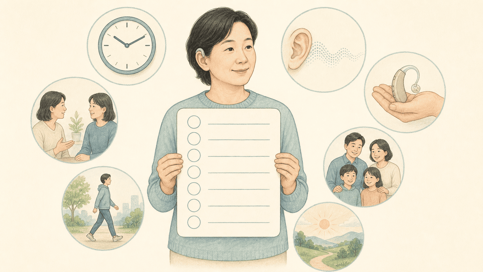 보청기를 착용한 성인과 사용 시간부터 삶의 질까지 일곱 결과 영역을 나타낸 그림
