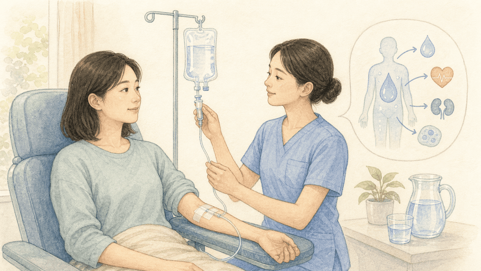 의료진이 정맥 수액의 주입 상태를 확인하는 모습