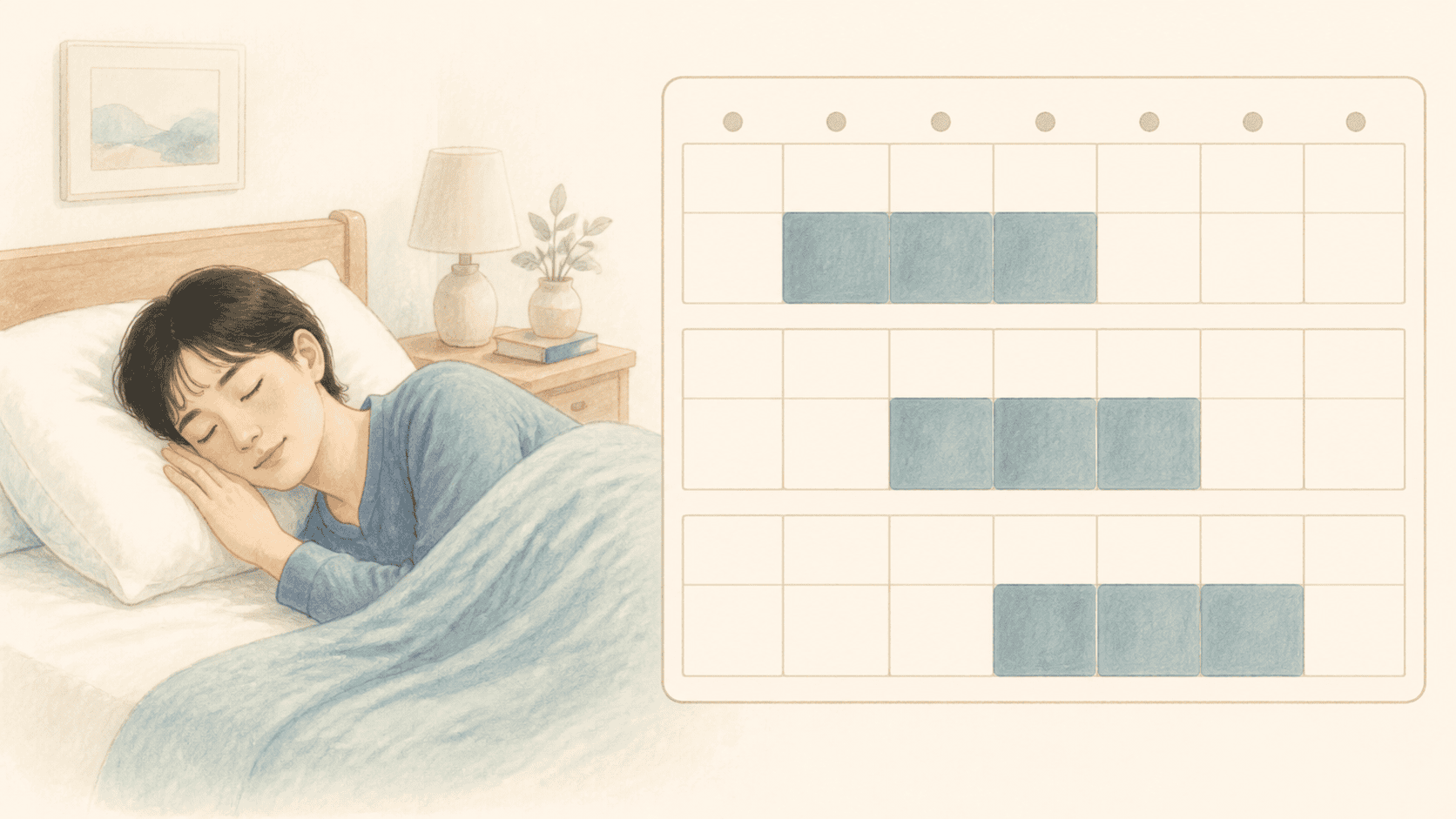 며칠씩 반복되는 졸림 삽화와 달력, 클라인 레빈 증후군