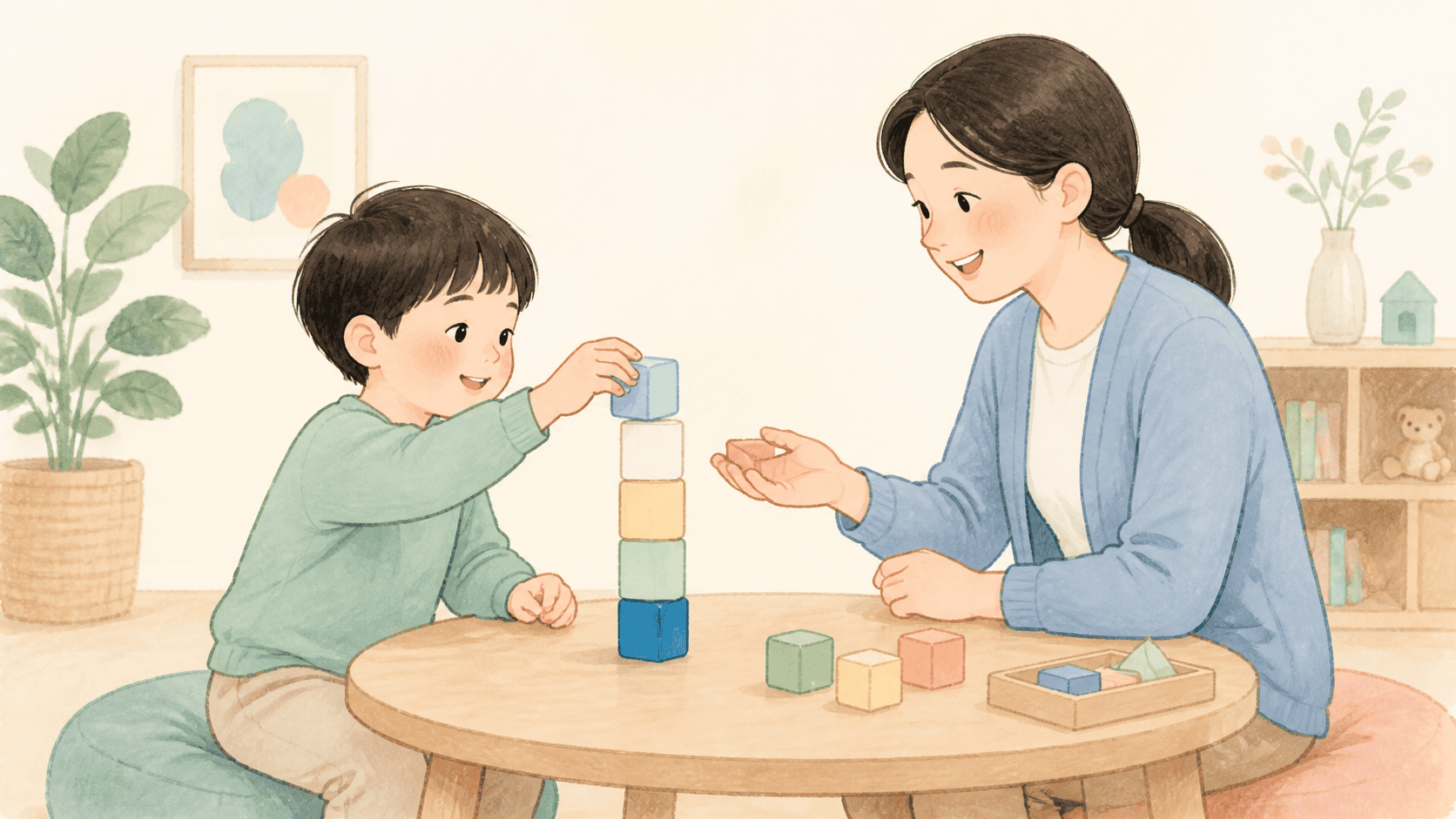 아이와 어른이 블록을 한 단씩 함께 쌓는 모습