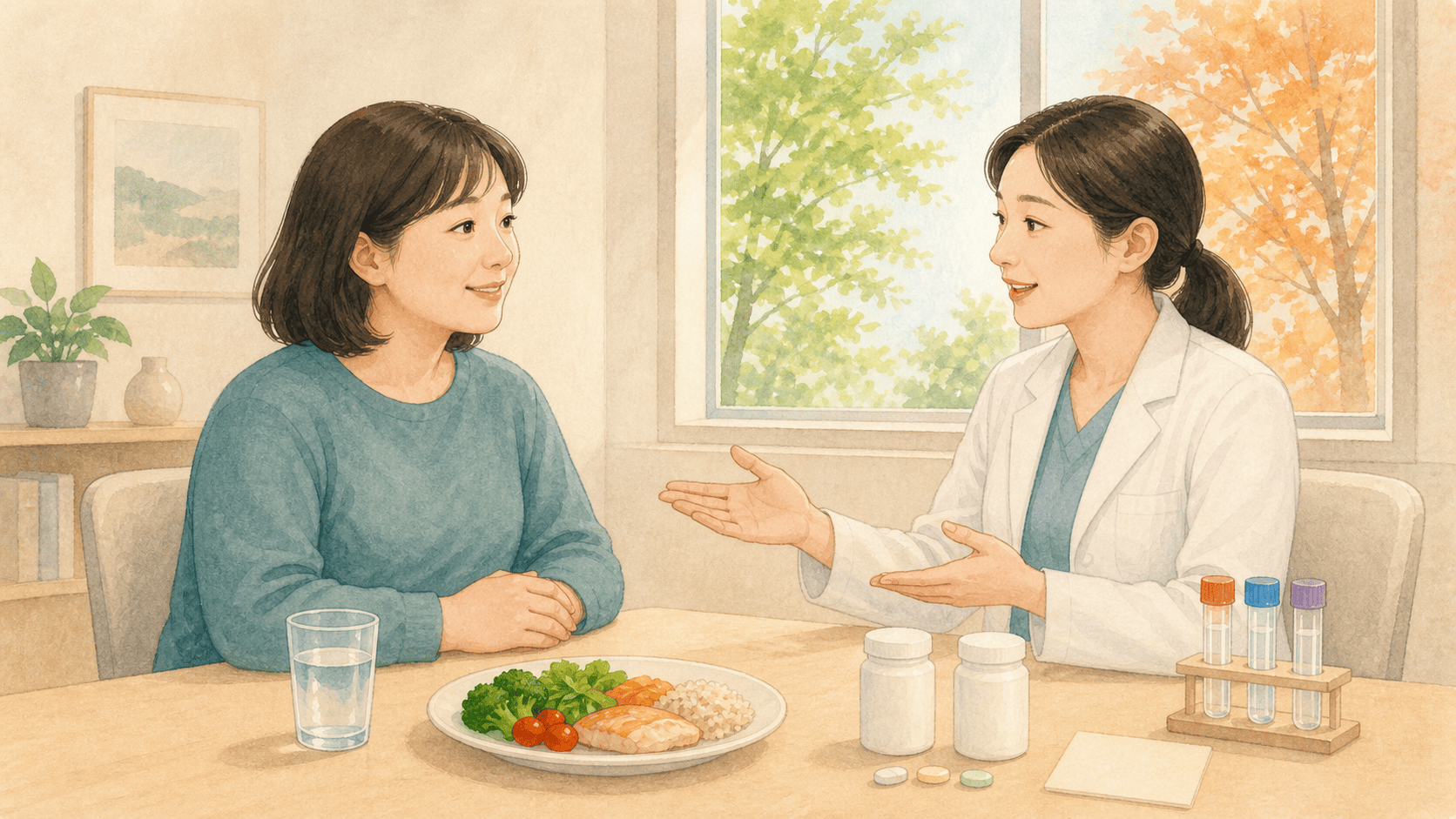 성인과 의료진이 식사와 비타민 및 미네랄 보충과 혈액검사 자료를 함께 살피는 모습