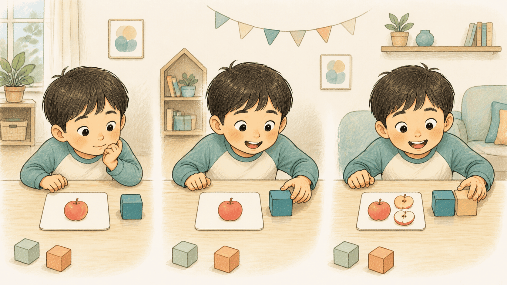 아이가 그림 조각과 색 블록을 조합해 낱말의 뜻을 바꾸는 모습