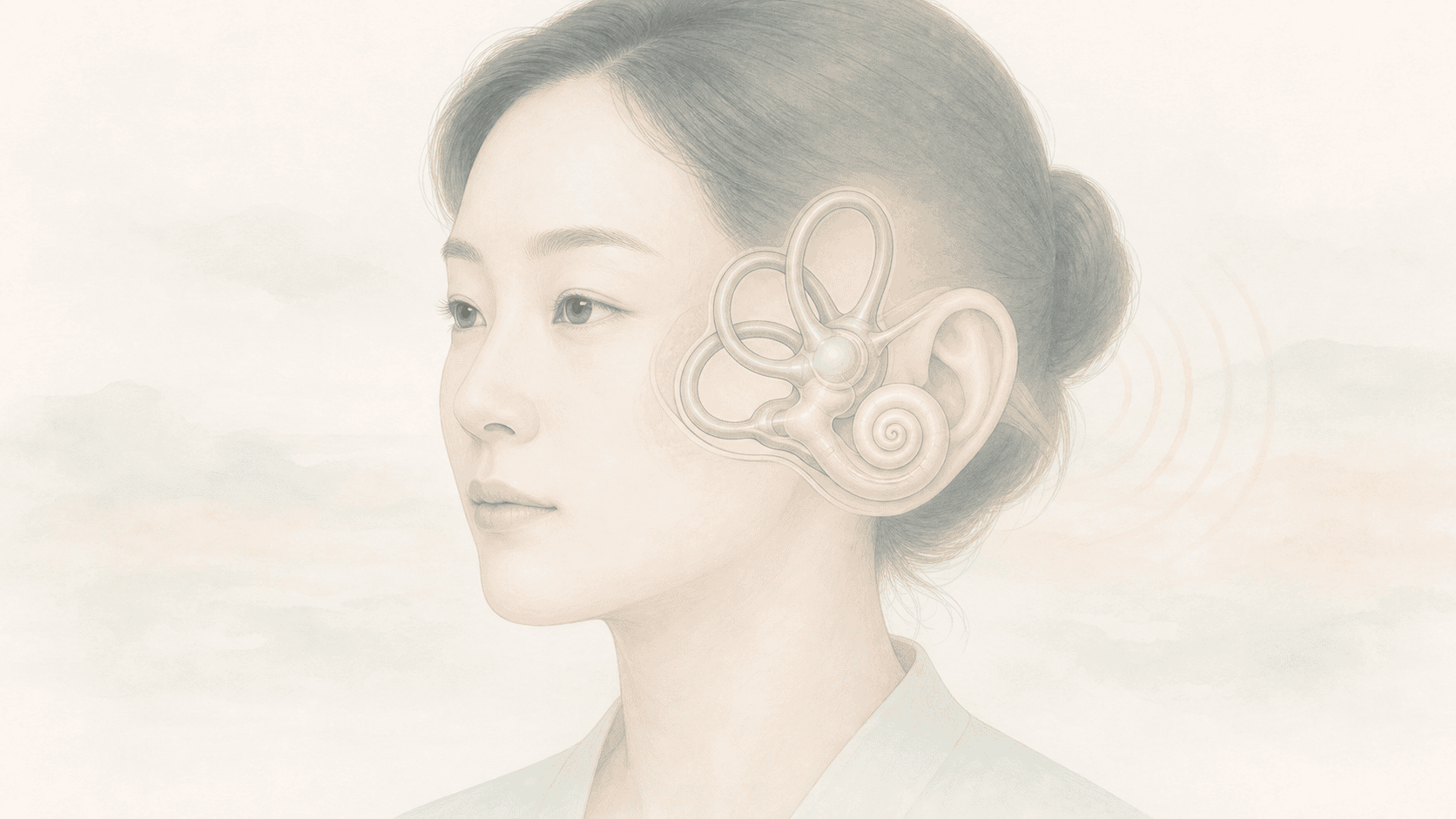 한쪽 귀의 달팽이관과 전정기관이 함께 강조된 메니에르병 의료 일러스트