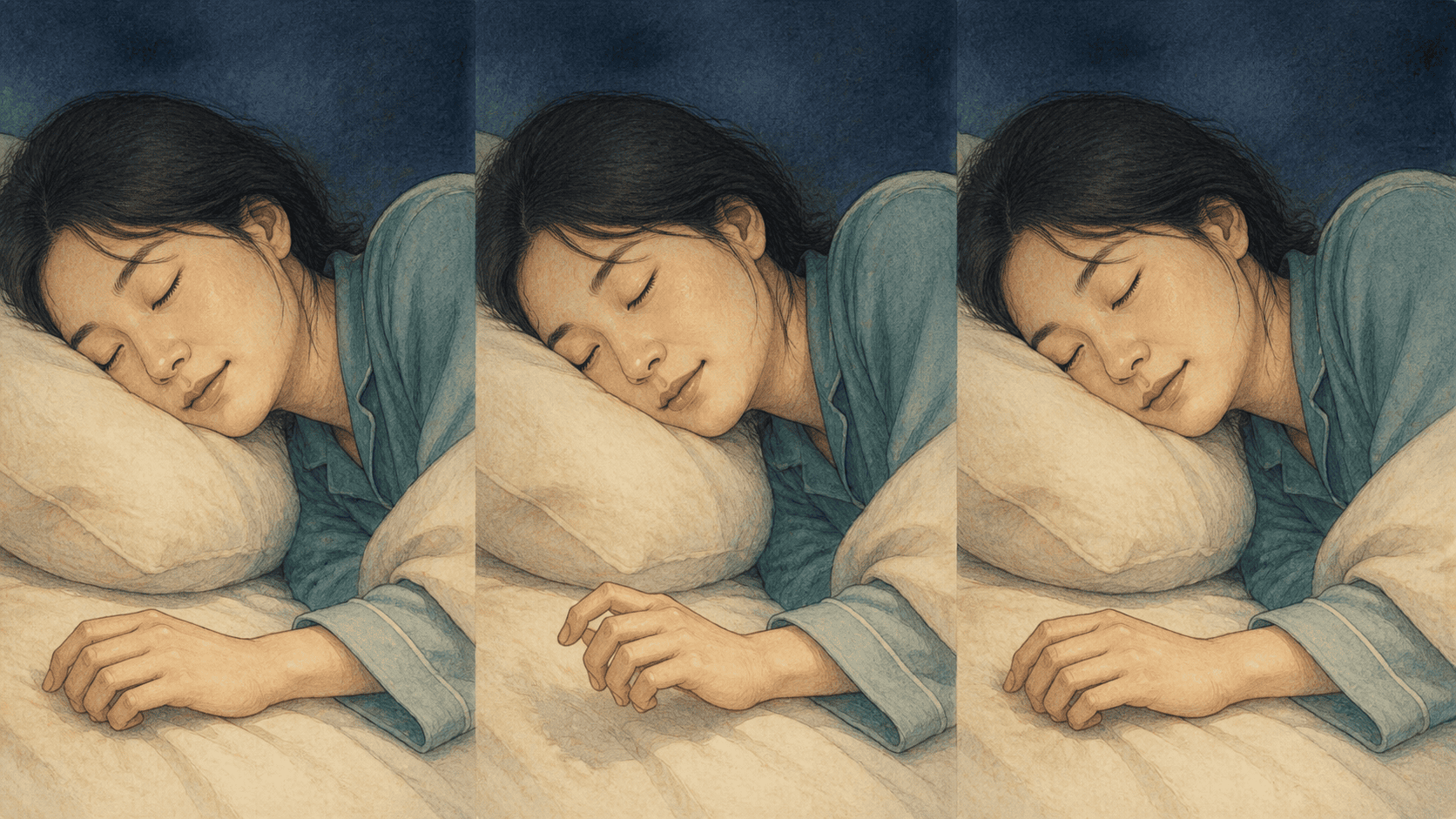 잠든 사람의 눈은 감긴 채 손과 어깨가 아주 잠깐 움직였다가 다시 안정되는 미세각성 2D 일러스트