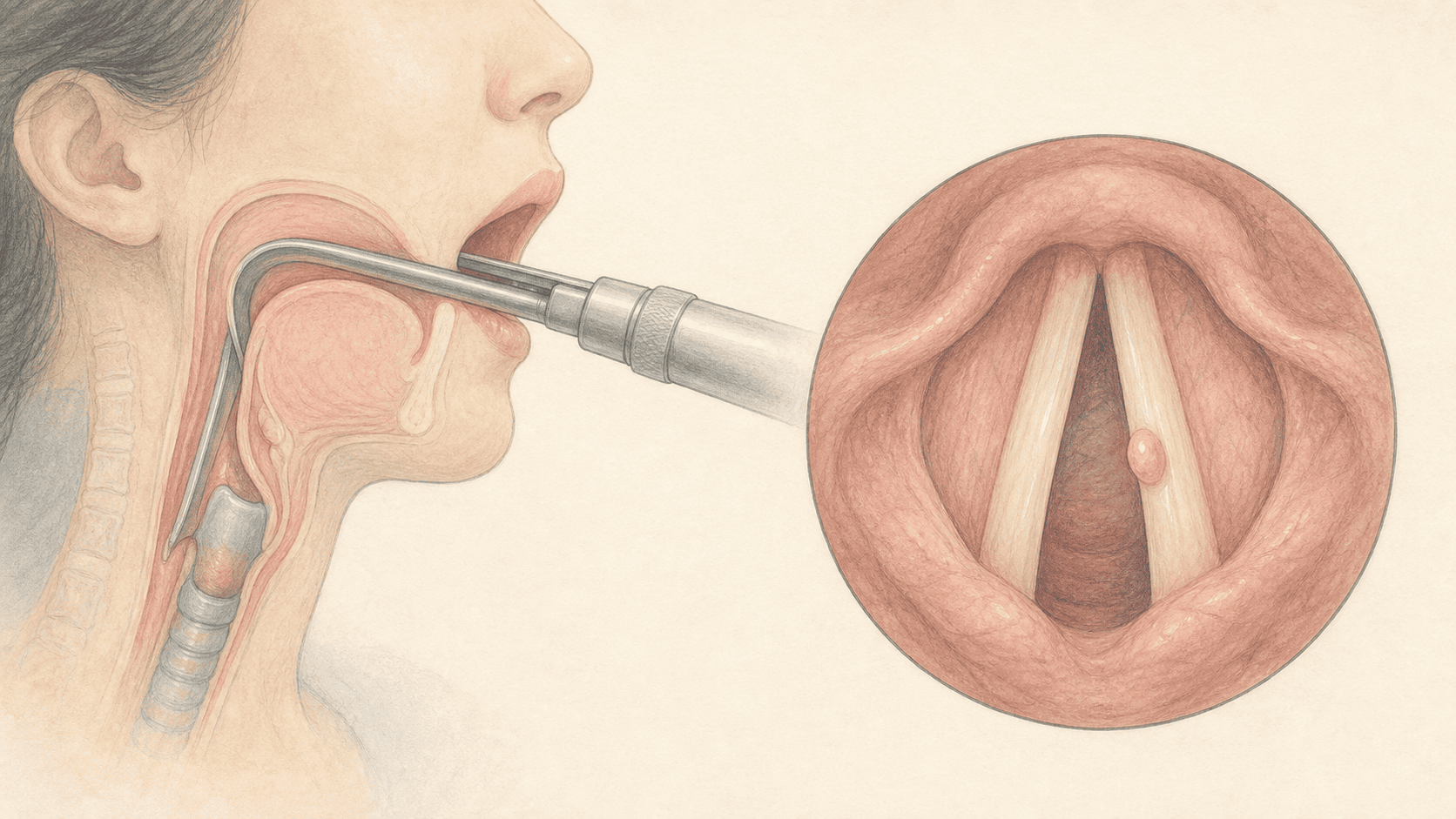 입으로 들어간 후두경을 거쳐 성대를 확대해 보는 후두미세수술 그림