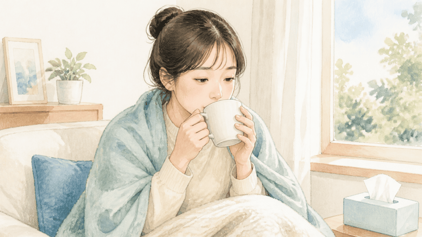 감기와 가벼운 쉰목소리가 있는 성인이 따뜻한 물을 마시며 쉬는 모습
