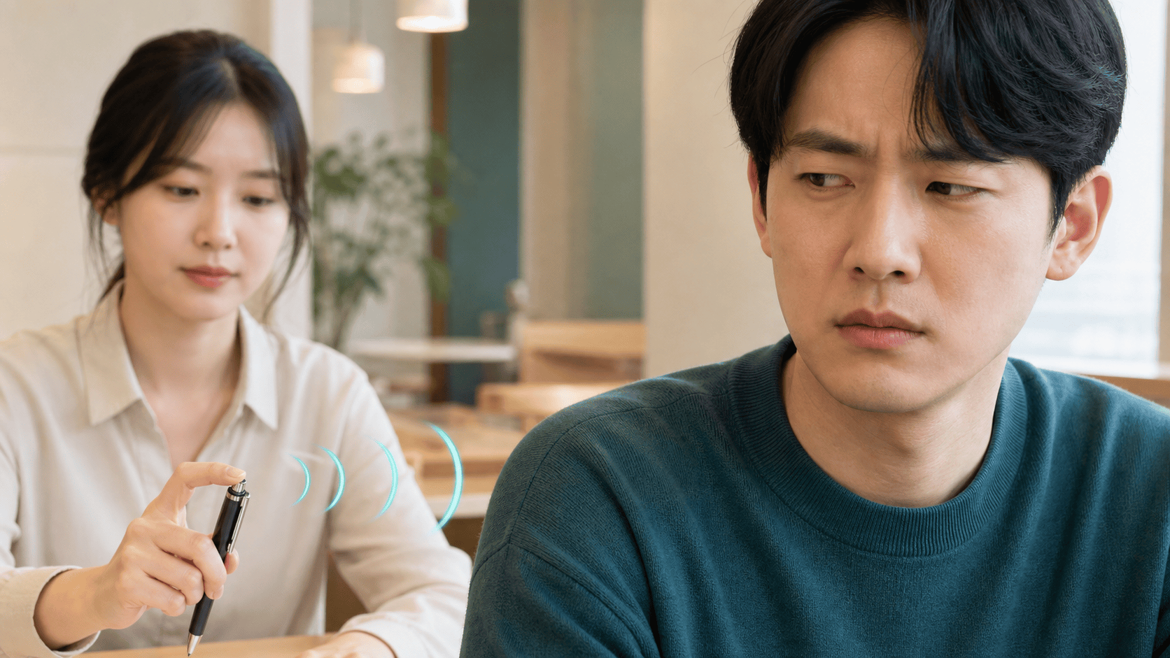 조용한 공간에서 반복되는 펜 클릭 소리에 긴장하는 사람을 그린 미소포니아 일러스트