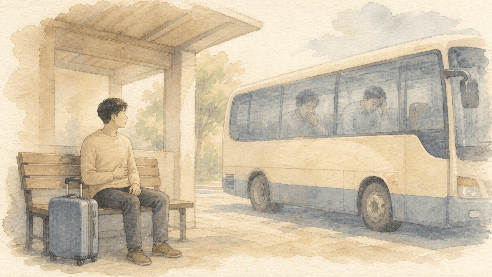반복되는 멀미 때문에 버스 탑승을 망설이는 성인 그림